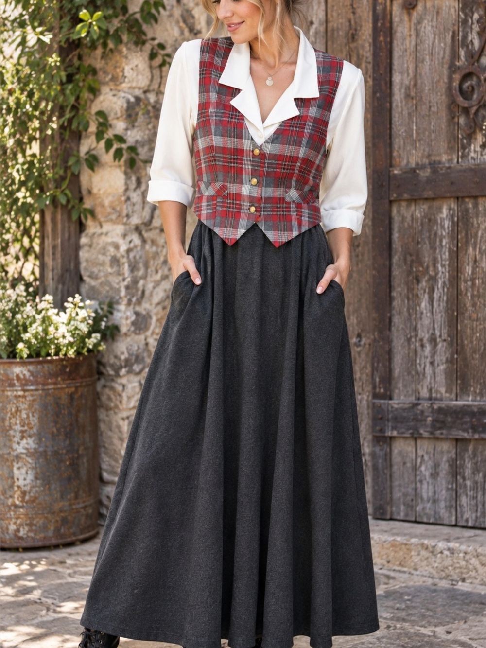 Vintage R.J. Stevens by Carol Escritor Plaid Vest Midi Dress Cottagecore M 90’s